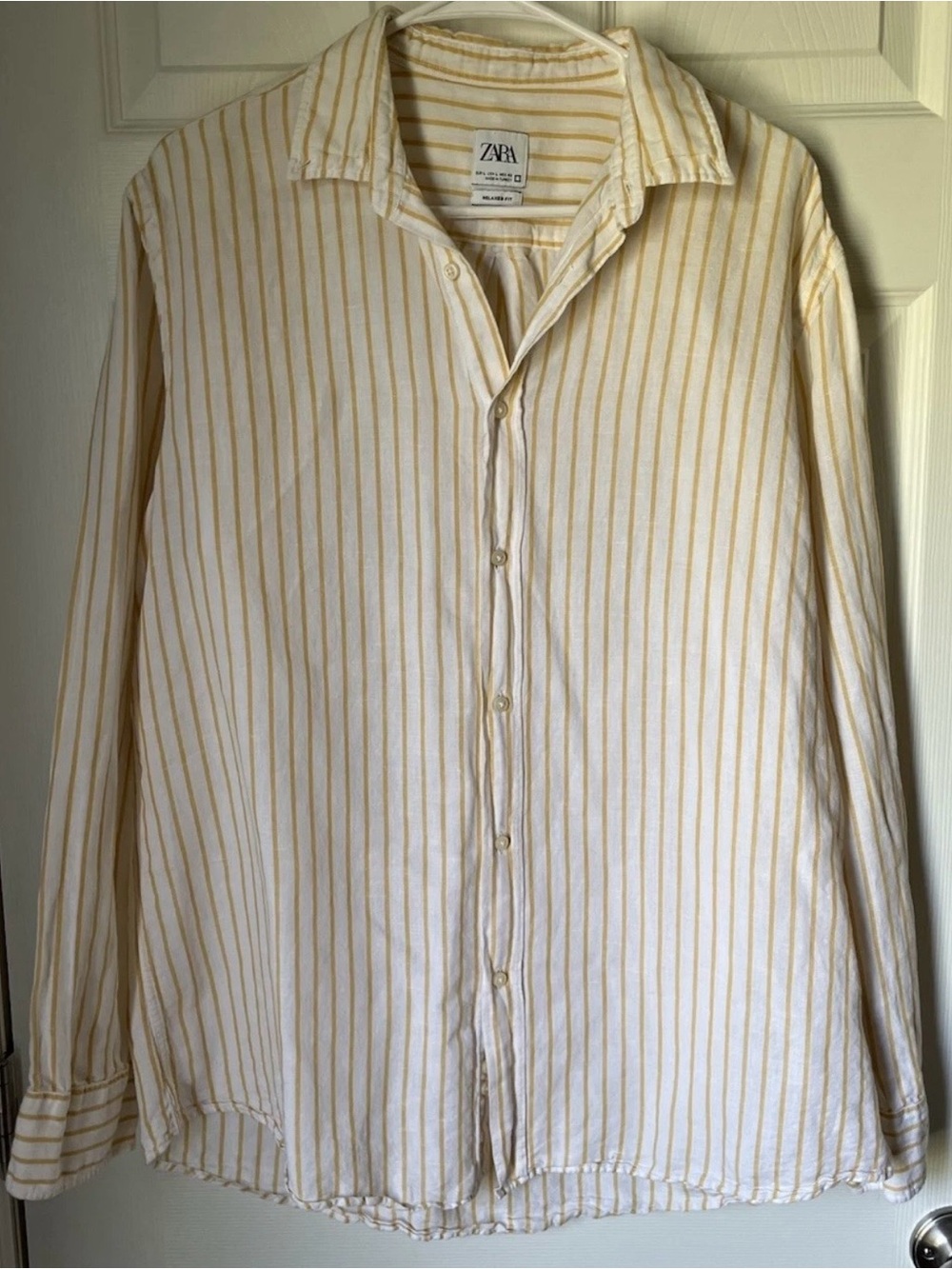 Zara Men’s Cream and Yellow Stripe Linen Button-Up Shirt
